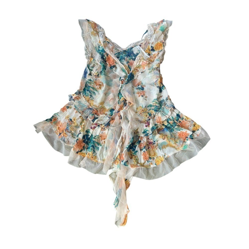 Anthropologie Womens XS Floral Lace Trim Ruffle Hem Top